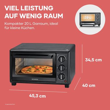 Міні-піч Severin Bake&Toast TO 2078, 20Л, 1600Вт, з таймером та конвекцією (верхній та нижній підігрів), чорна