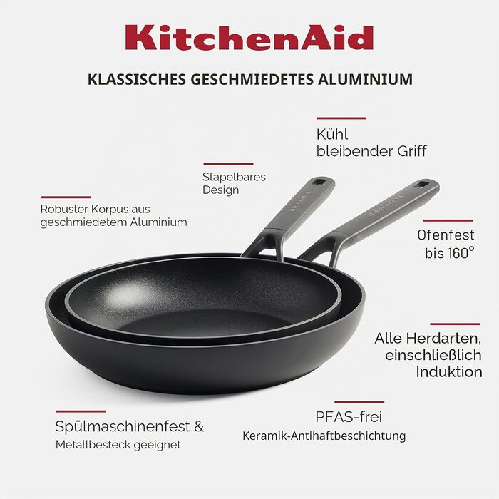 Набір сковорідок KitchenAid Classic для індукційних плит (20, 24, 28 см), твердоанодований алюміній з керамічним антипригарним покриттям без PFAS, чорний