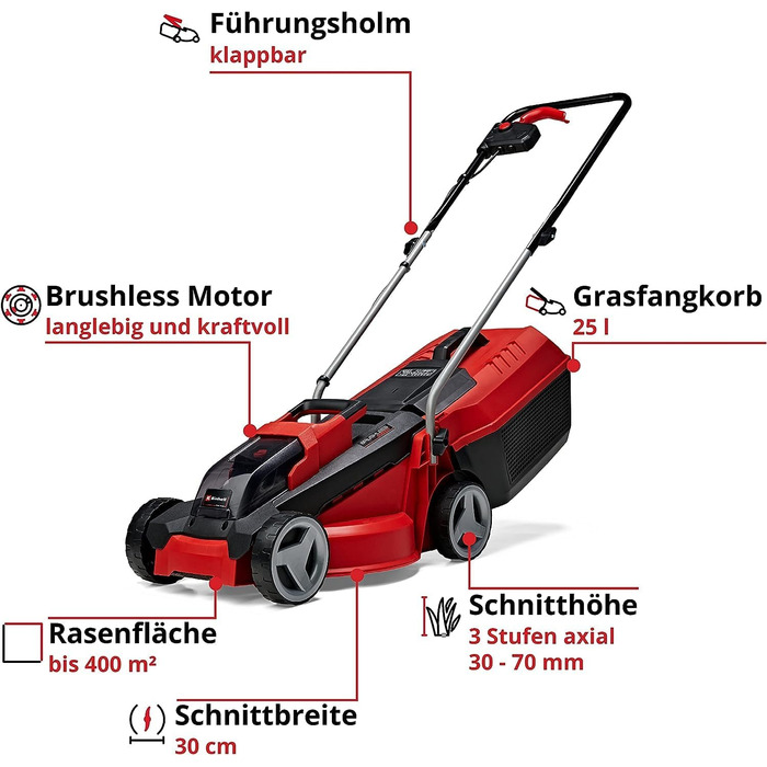 Акумуляторний газонокосарка Einhell City GE-CM 18/30 Li-Solo Power X-Change (18 В, 30 см, Brushless, 25 л, 30-70 мм)