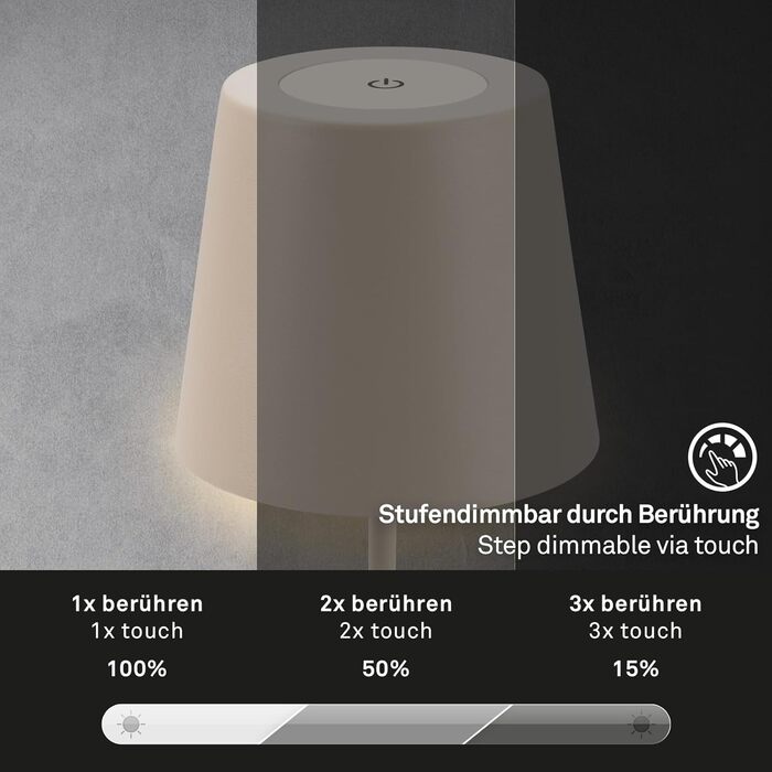 BRILONER бездротова LED настільна лампа з димером, сенсорним керуванням, акумуляторна, регульована по висоті, нічник, лампа для читання, кемпінгу та вулиці, 36x10,5 см, бежева