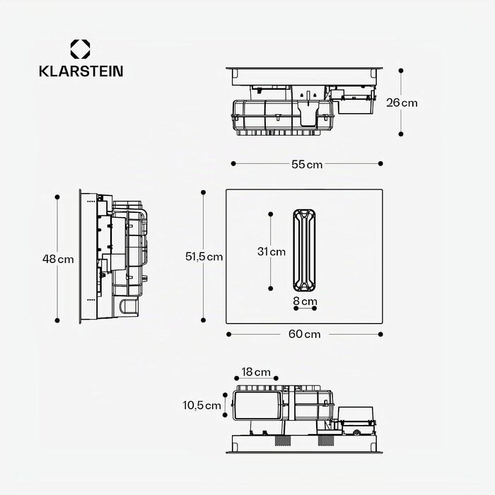 Індукційна варильна панель з витяжкою Klarstein AirJet 60, 60 см, потужність 600 м³/год, Flex-зони, Boost 10000 Вт, сенсорне керування, клас A+, нержавіюча сталь та скло, чорний