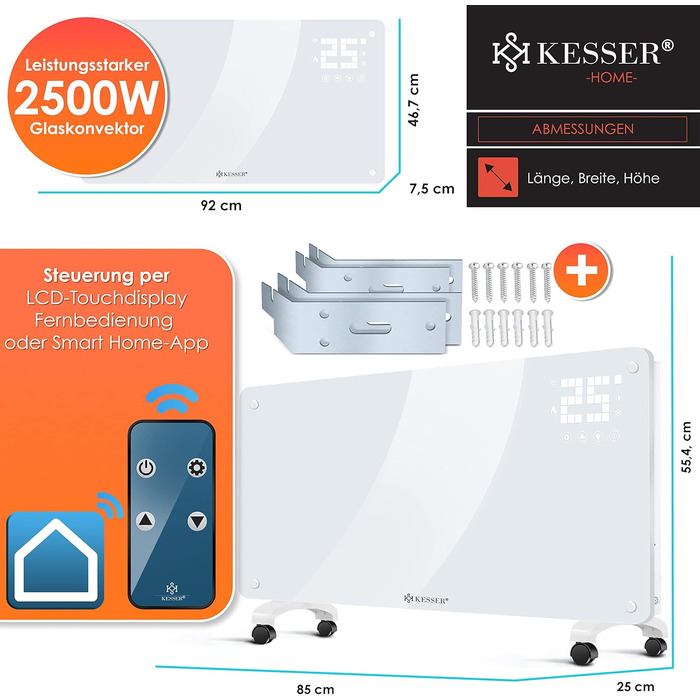 Скляний конвектор KESSER електрообігрівач 2500 Вт з WiFi, керуванням через APP та пультом, сенсорним дисплеєм та таймером, білий