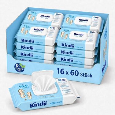 Дитячі вологі серветки Kindii Water Care 99,9% води, біорозкладні, 100% віскоза, без пластику, 960 шт (16 пачок по 60 шт)