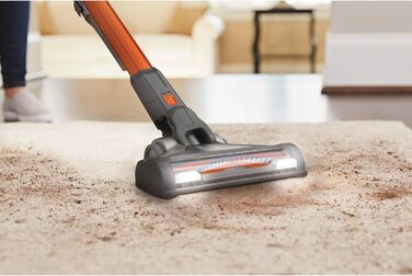 Акумуляторний пилосос BLACK+DECKER 4в1 18В 2.0Аг, безмішковий, для підлоги та ручний, з електрощіткою, бездротовий, комплект з насадкою для щілин, акумулятором, зарядним пристроєм і настінним кріпленням, Titanium/Orange
