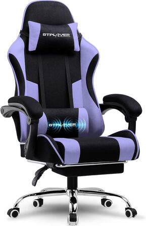 Ігровий крісло GTPLAYER з масажем, ергономічний, з підніжкою та підголівником, білий (фіолетовий, тканина)