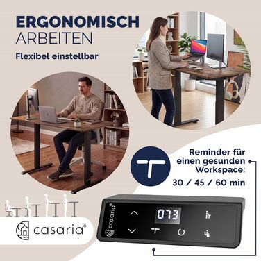 Ергономічний електричний стіл Casaria® з регулюванням висоти, бездротовою зарядкою, USB-C/A, LCD-дисплеєм, пам'яттю, вантажопідйомністю 80 кг (вінтажний коричневий, 120x60 см)