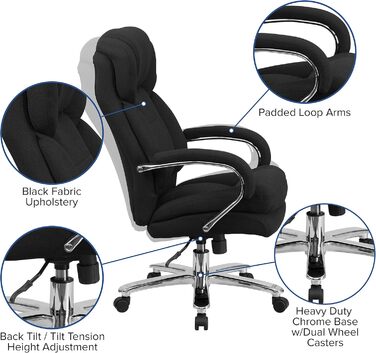 Офісне крісло Flash Furniture Hercules, ергономічне, з високою спинкою, м'яке сидіння, підлокітники, чорний текстиль