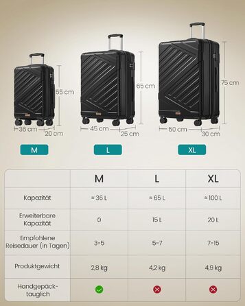 Валіза для подорожей SONGMICS 65 см, розширена, жорсткий корпус ABS, TSA-замок, 4 подвійних колеса, чорна (RP002C101)