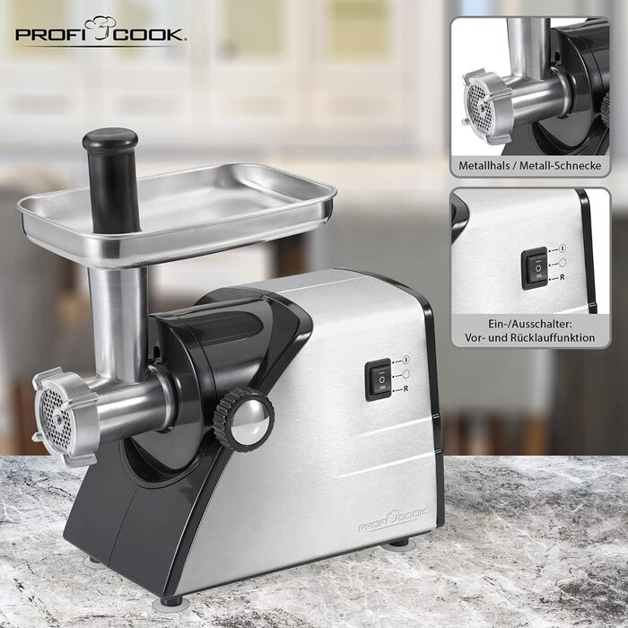 Електрична м'ясоподрібнювач Profi Cook PC-FW 1060 з набором аксесуарів, 1000W, нержавіюча сталь