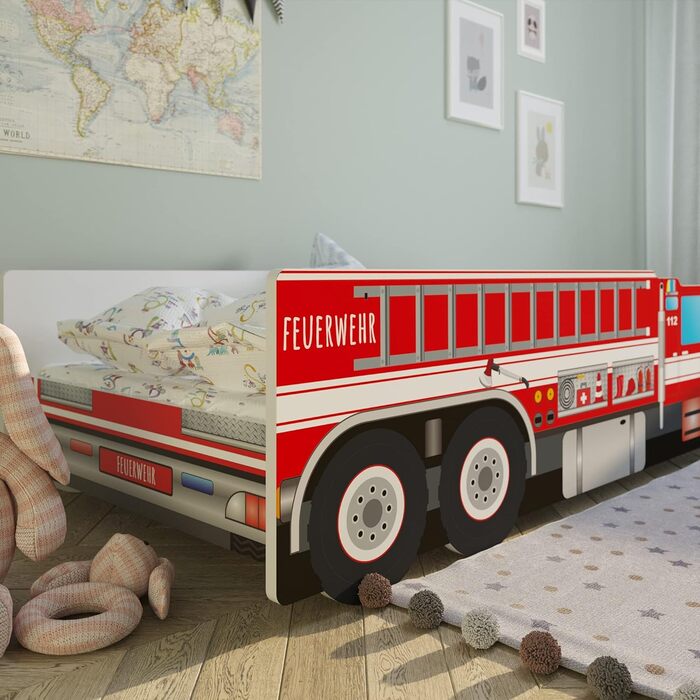 Дитяче ліжко-машина Kids Collective 80x160 см, пожежна, з бортиками та ламелями