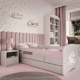 Дитяче ліжко Kids Collective 160x80 см з матрацом, бортиком, ламельною основою та шухлядою, біле, для дівчинки, рожеве з малюнком коня