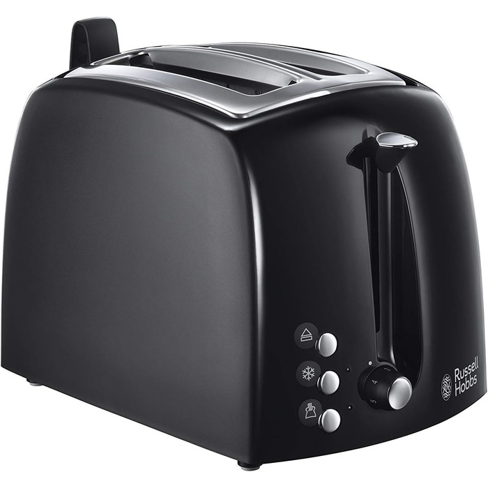 Тостер Russell Hobbs Textures+ (2 широкі слоти, підставка для булочок, 850 Вт, чорний) + Електричний чайник скляний Russell Hobbs Classic (1.7 л, 2400 Вт)