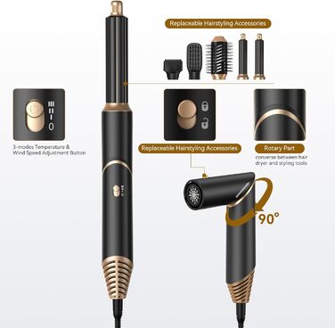 UKLISS 5-в-1 Airstyler Фен-щітка для укладки волосся з насадками (чорний) - професійний фен, стайлер, випрямляч, кругла щітка для волосся 60000 об/хв