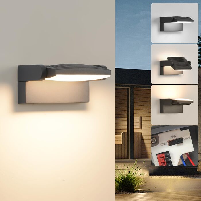Стіна LED-світильник SANSHI зовнішній водонепроникний IP65, поворотна панель 350°, 12W, 3 режими кольору (3000K/4000K/6500K) для саду та тераси, темно-сірий