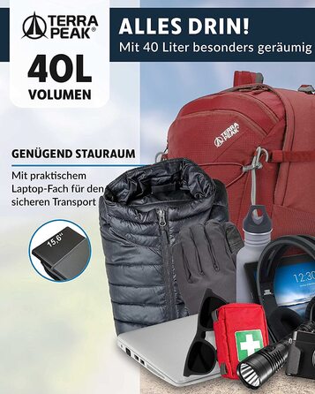 Туристичний рюкзак Terra Peak Flex 40 л, преміум, з вентиляцією спини, дощовиком і кріпленням для гідратора, 3D Air Mesh, з поясом, для трекінгу, темно-червоний