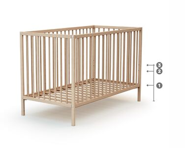 Дитяче ліжко Webaby Holz 60x120cm з бука, натуральний колір, з регульованим дном та бортиками | Від народження | Комфортний сон