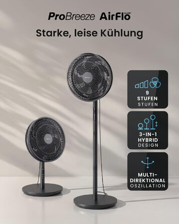 Вентилятор підлоговий Pro Breeze AirFlo Slim: 3 швидкості, 95° поворот, таймер 9 год, пульт, для дому та офісу, чорний