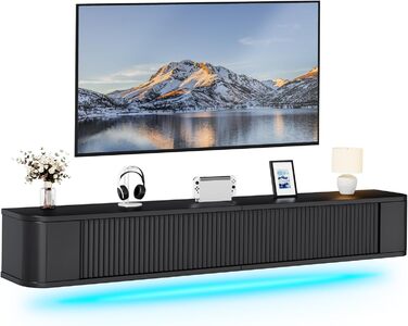 Підвісна тумба під телевізор YITAHOME 140 см з RGB підсвіткою, чорна. Настінна поличка для ТБ з великим об'ємом для вітальні та спальні (180x25x20 см)