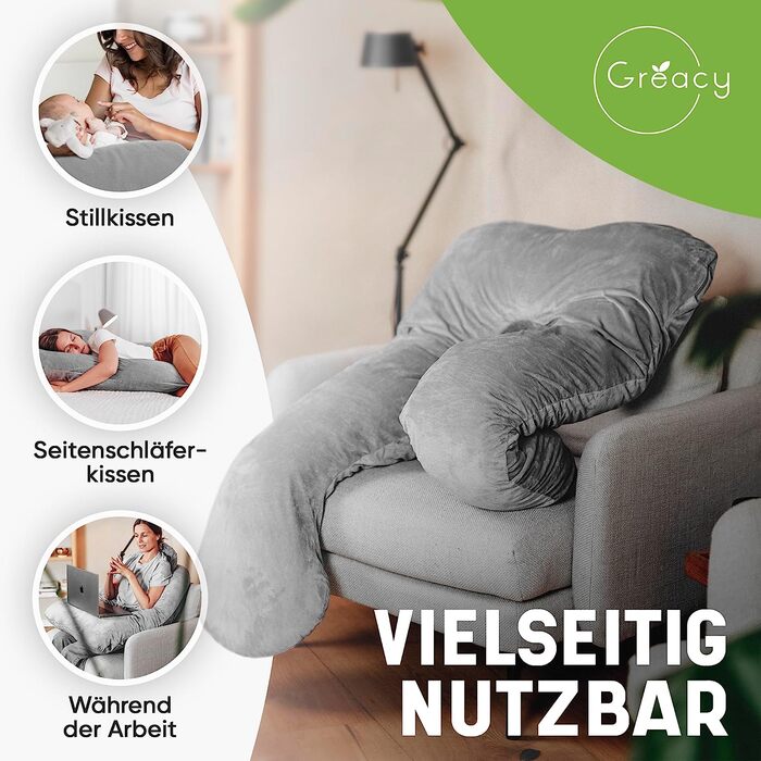 Подушка для сну Greacy XXL з чохлом – ортопедична подушка для вагітних та годування, бічна підтримка, для дорослих і дітей, знімний чохол, гнучкий наповнювач, прана