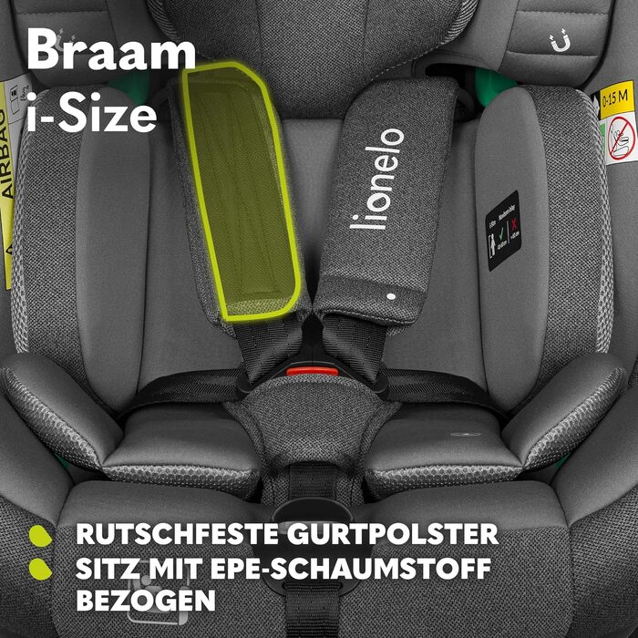 Дитяче автокрісло LIONELO BRAAM i-Size 0-36 кг, 360° обертання, ISOFIX, опора, регульовані підголівник і спинка, сіра вставка
