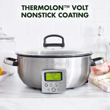 Електричний мультиварка GreenPan Elite 5,6 л, антипригарне керамічне покриття без PFAS, для смаження, тушкування, варіння рису, посудомийна машина, LED-дисплей, сріблястий нержавіючий корпус