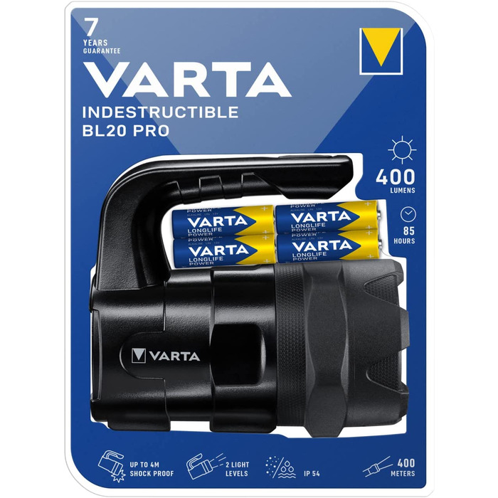 Ліхтар-ліхтар VARTA LED Indestructible BL20 Pro, 6 Вт, 6x AA, робочий, ударостійкий, захист від пилу та вологи, два режими