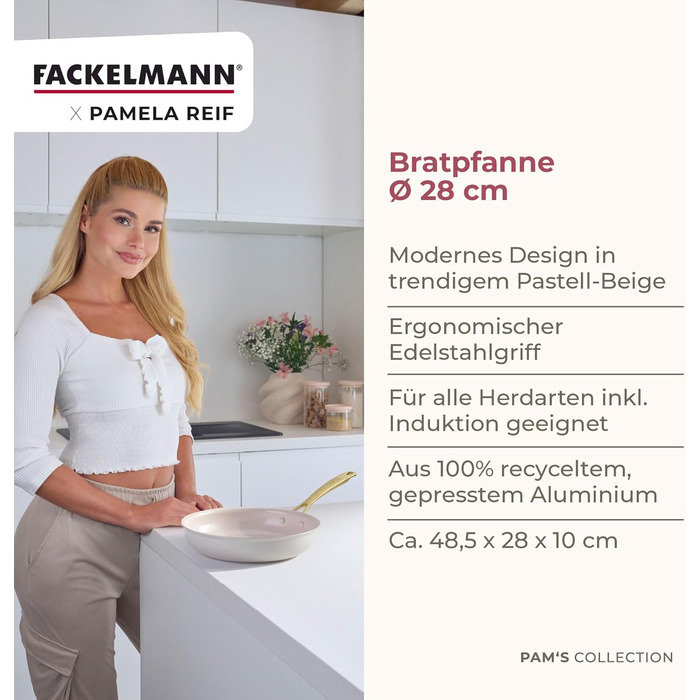 Набір сковорідок FACKELMANN x Pamela Reif, 3 шт. (діаметр 20-24-28 см) – з переробленого алюмінію, пастельно-бежевий, керамічне покриття без PFAS, стійке до 160 °C, для всіх типів плит