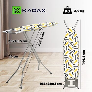 Праскадошка KADAX для прасування з парогенератором, регульована висота, знімний чохол, антиковзні ніжки, 105x30 см, білий/сріблястий