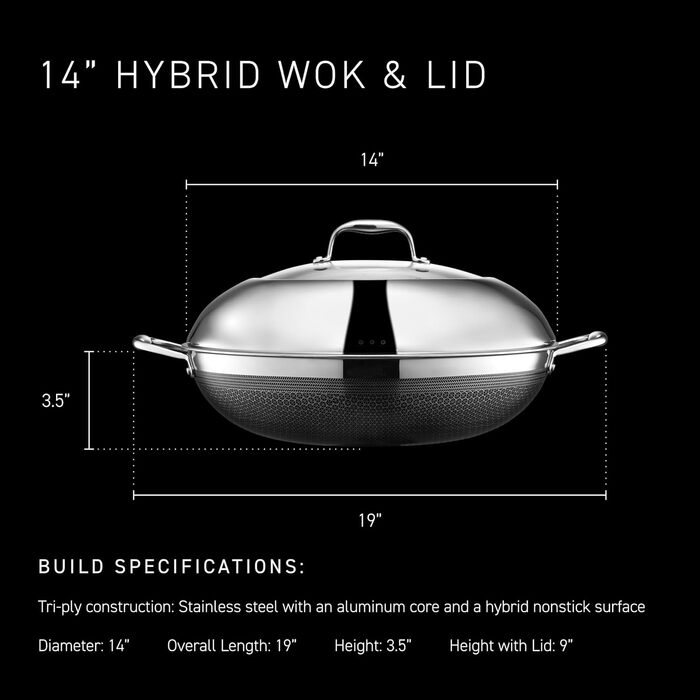 HexClad вок 35 см з нержавіючої сталі з антипригарним покриттям, ручка Stay Cool, сумісний з усіма типами плит, PFOA free, можна мити в посудомийній машині та використовувати в духовці