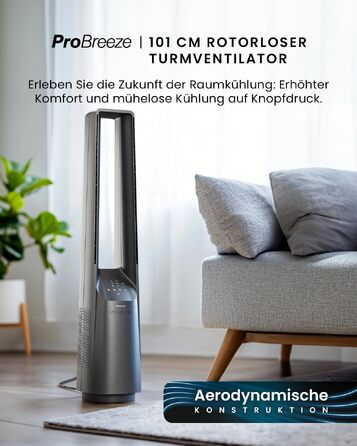 Pro Breeze Tower Fan 101 см без лопатей - вентилятор з LED дисплеєм, 6 швидкостей, 5 режимів, автоколивання 60°, таймер 7 годин (пульт, срібний)