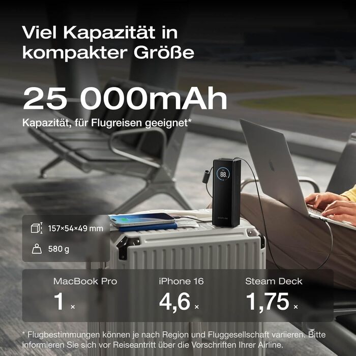EcoFlow Rapid Powerbank 25000 mAh 170W з вбудованим кабелем, чорний - портативний зарядний пристрій для iPhone, Samsung, MacBook та інших пристроїв