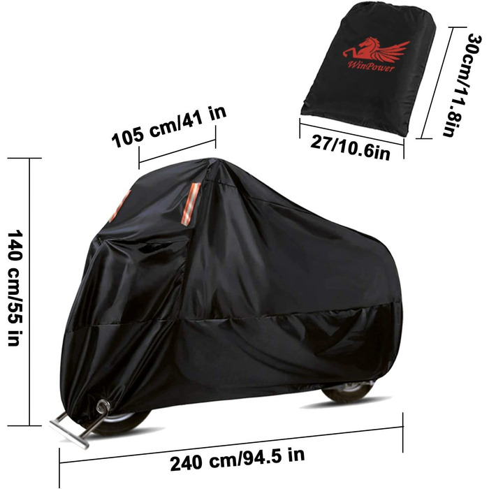 Чохол для мотоцикла WinPower 2XL 210D, водонепроникний, захисний, для вулиці та приміщення, термостійкий, з замком, від пилу та UV, 240x140x104 см