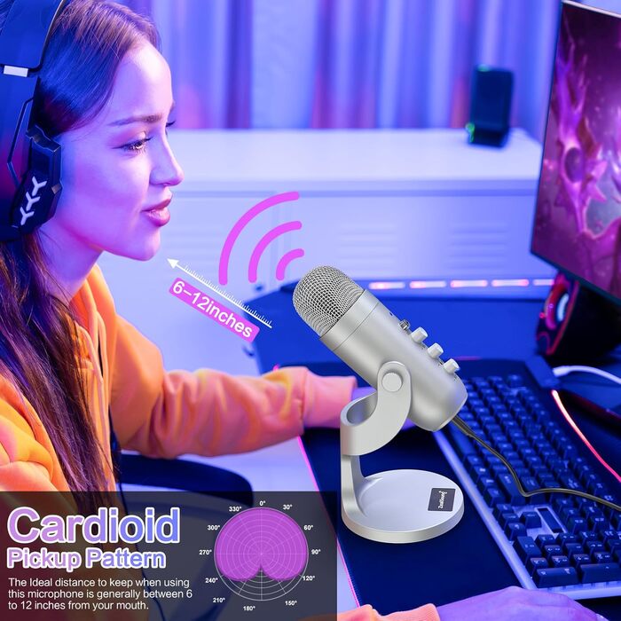 Zealsound USB мікрофон K66 сріблястий для подкастів, ПК, смартфонів, PS4/5, з шумозаглушенням, кнопками вимкнення/ехо/гучності, для ігор, запису, стрімінгу, YouTube, сумісний з Mac, Windows, Android