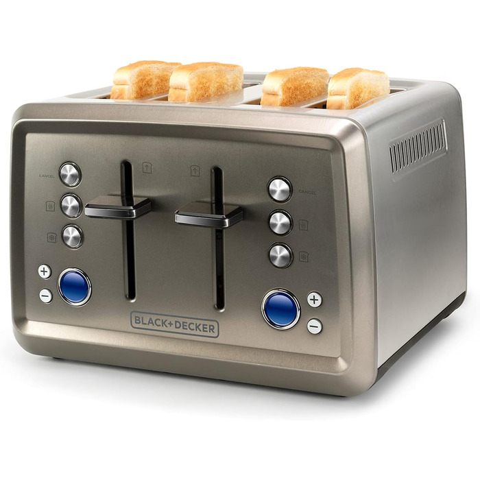 Тостер BLACK+DECKER BXTO1960E 1960Вт, 4 слоти, 6 режимів, цифрове налаштування, підігрів і розморожування, автоматичне центрування, підігрівач для булочок