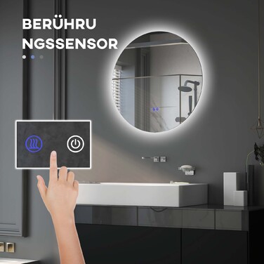 Дзеркало для ванної кімнати з LED-підсвіткою, змінним кольором світла, функцією запобігання запотіванню, сенсорним вимикачем, захистом IP44, діаметром 60 см, біле