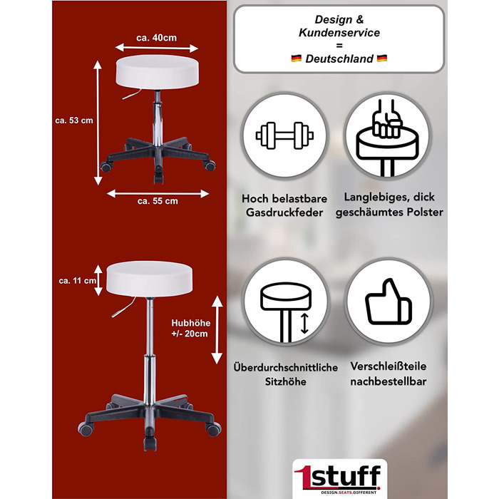 Професійний роликовий стілець 1stuff XL без спинки, коричневий, екошкіра, регульована висота до 70 см, ширина сидіння 40 см – для лікаря, офісу, роботи