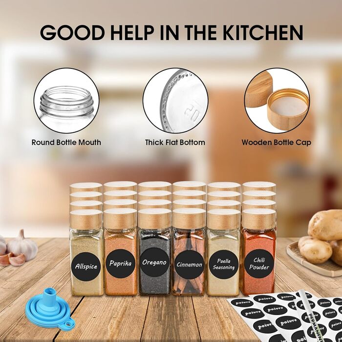 Набір скляних банок для спецій з бамбуковою кришкою та ситечком, квадратні, 120 мл, 24 шт. — універсальний органайзер для кухні, шаф та шухляд