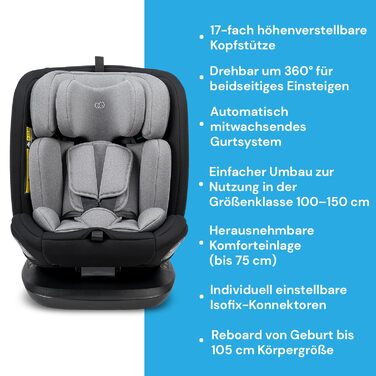 Дитяче автокрісло Booboo Safety Lissabon i-Size, обертове, 40-150 см, Reboarder з Isofix, чорний-сірий