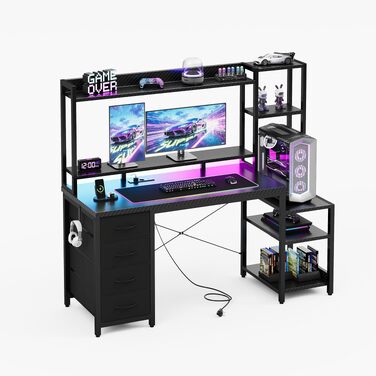 Ігровий стіл YOUDENOVA з шухлядами та полицями, 130x48 см, з LED-підсвіткою, розеткою та USB, комп'ютерний стіл з підставкою для монітора та тримачем для навушників, вуглецеве волокно, чорний