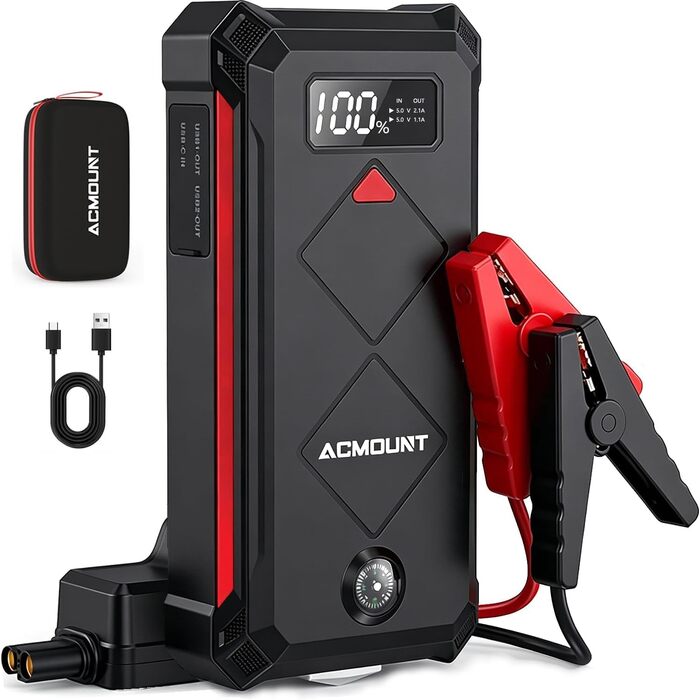 Бустер-пусковий пристрій Acmount P110 7000A Jump Starter для авто, SUV, мотоциклів та газонокосарок (бензин до 12л, дизель до 10л) з LED-ліхтарем, компасом та аварійним молотком, червоний