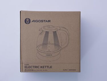 Електрочайник Aigostar Elfin 1 л з боросилікатного скла з LED-підсвіткою, 2200 Вт, BPA-free, швидке кип'ятіння, захист від перегріву, чорний