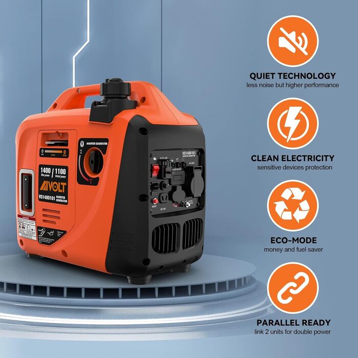 Інверторний генератор AIVOLT 1400W: бензиновий, тихий, для кемпінгу, фестивалів та дому. 2 USB, 12V DC та 230V розетки