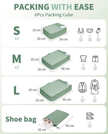Набір органайзерів для валізи ECOHUB, 6 легких пакувальних кубів для подорожей з ID-біркою, дихаючі сумки-органайзери з переробленого матеріалу (Зелений)