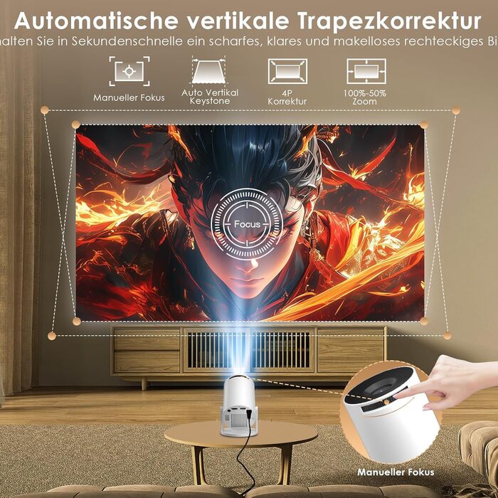 Смарт-проектор Salange Mini Beamer 2026, Android 14, 4K підтримка, WiFi 6, Bluetooth 5.4, автокоррекция трапеції, портативний домашній кінотеатр для дому та вулиці, поворот на 270°, білий