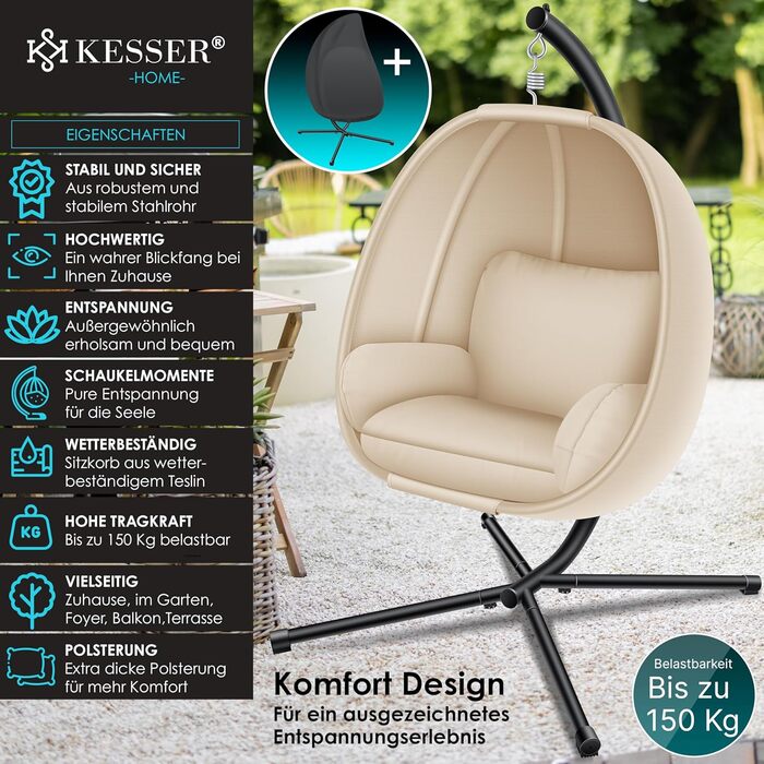 Підвісне крісло-гойдалка KESSER Luxe з м'якою подушкою, підставкою та захистом від погоди, для дому та саду, бежеве, до 150 кг
