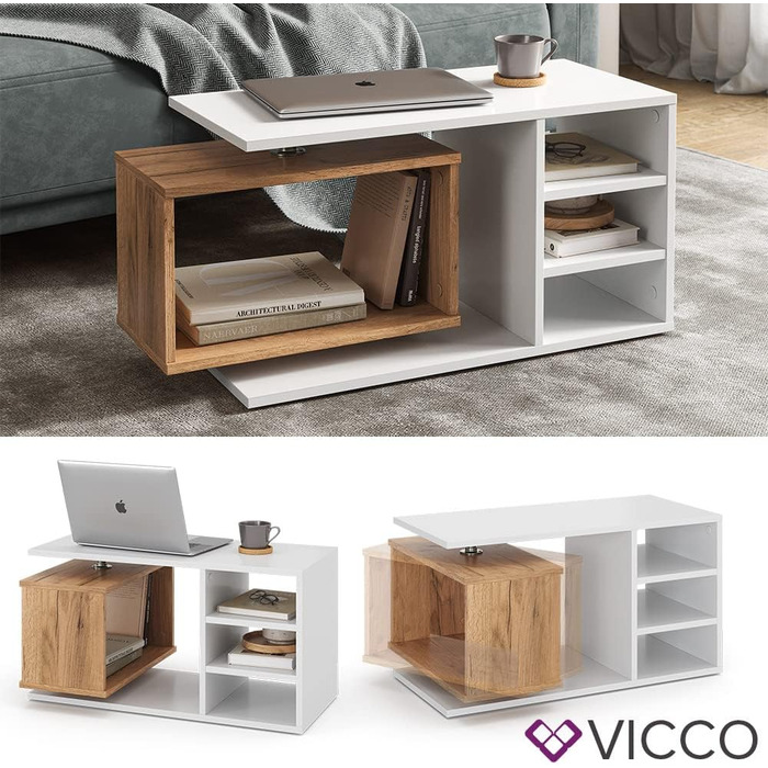 Журнальний стіл Vicco Rafi, білий/дуб, 88x40 см
