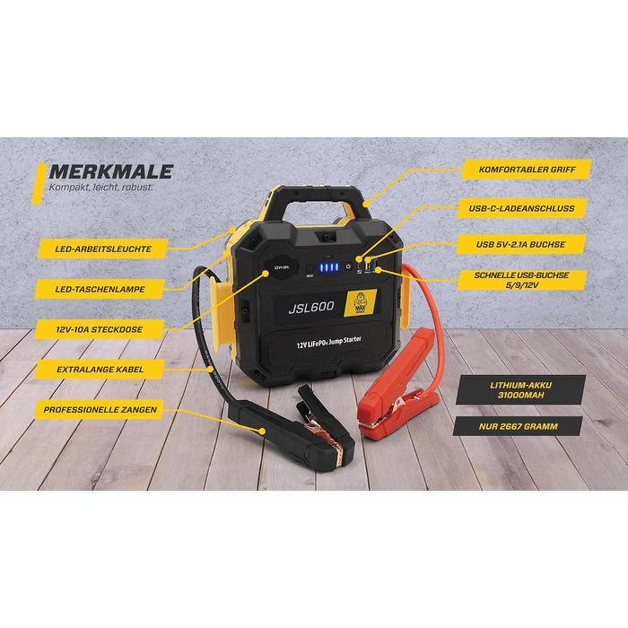 Бустерний пускач MAXTOOLS JS500 2200A 22Ah для авто та мікроавтобусів 12V (бензин/дизель), Powerbank з LED-ліхтарем та USB-портом
