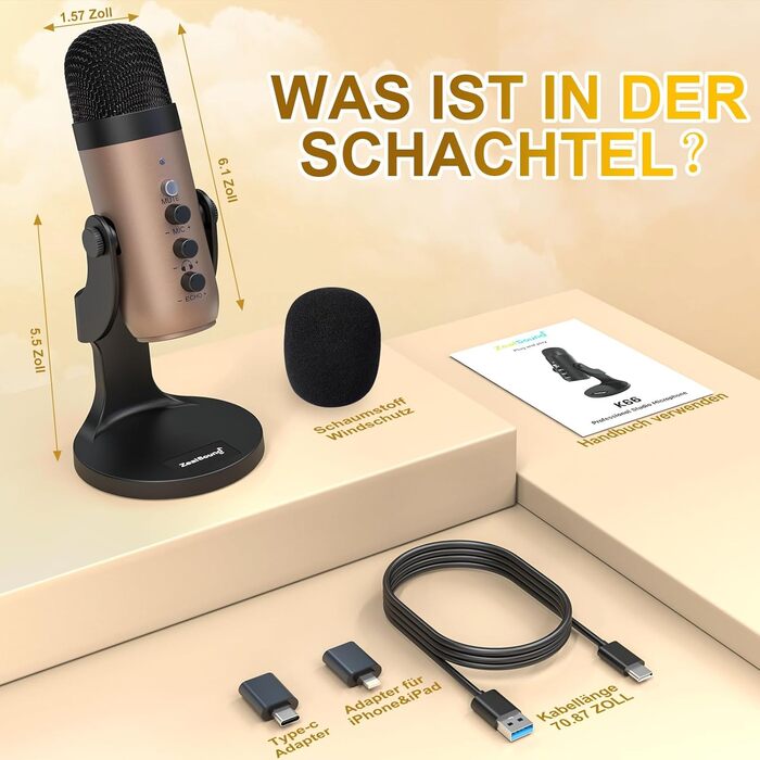 Zealsound USB мікрофон K66 Gold для ПК, смартфонів, PS4/5, конденсаторний, з шумозаглушенням, кнопкою вимкнення та ехоефектом, для ігор, запису, стрімінгу, YouTube, сумісний з Mac та Windows
