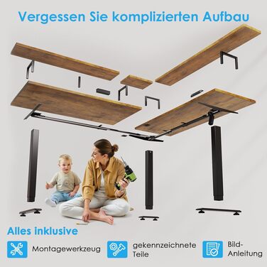 Регульований кутовий стіл OffiGo 150x120 см з розеткою та підставкою під монітор, електричний, коричневий