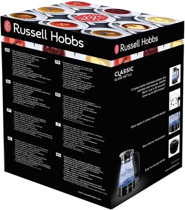 Скляний електрочайник Russell Hobbs 26080-70 Classic Design, 1.7 л, 2400 Вт, з LED-підсвіткою та сталевою основою, чорний/прозорий